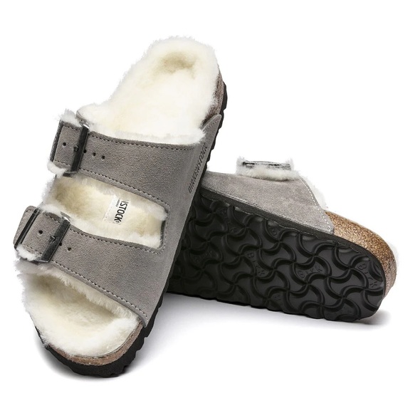NWT Birkenstock Arizona Shearling Suede Leather Slide in Stone Coin - Picture 7 of 15